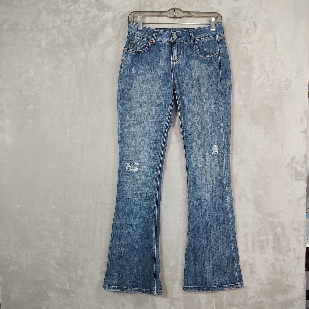 Womens Vintage MUDD Flare Denim Jeans Size Juniors 1 Embroidered Logo Distressed